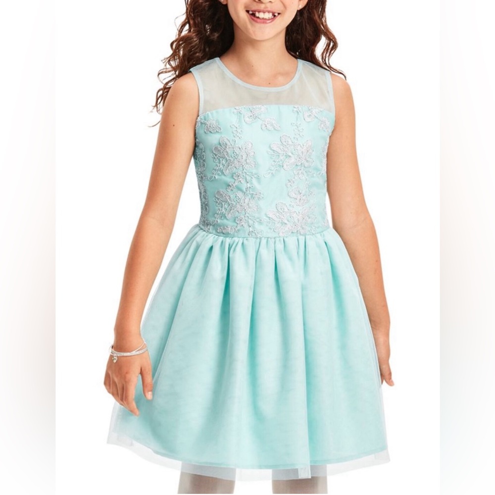 NWOT Girl’s Blue Sleeveless Embroidered Bodice Tulle Dress Size 16